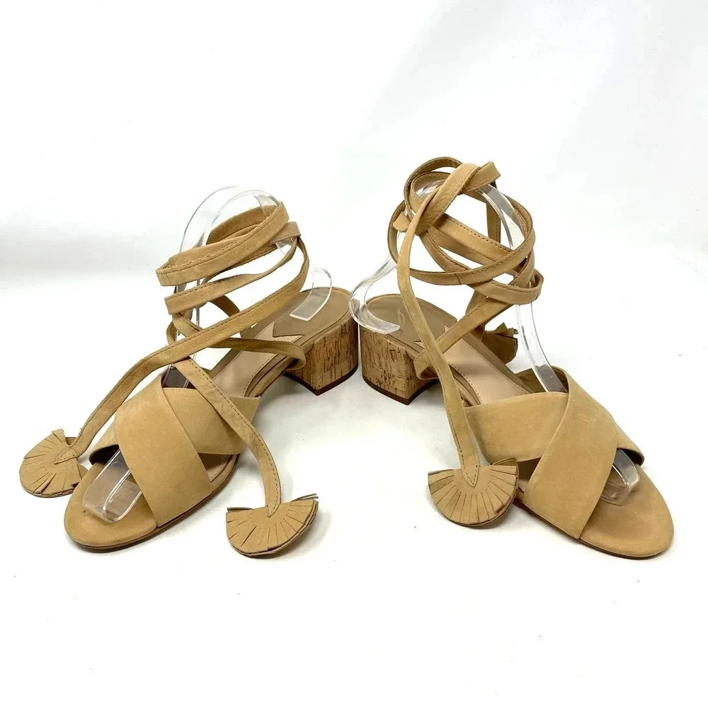 Brian Atwood Astor Camel Nubuck Lace Up Tie Sandals Size US 8.5‎